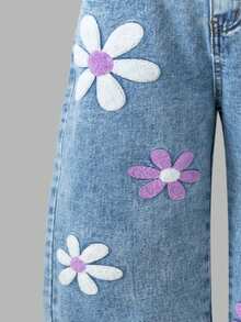 Sweetra 少女时尚雪花水洗花卉刺绣阔腿牛仔裤 - 淺藍色 - 查看 3