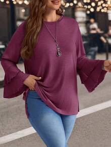 EMERY ROSE T-shirt casual à manches évasées et fente latérale violet pour femmes grandes tailles - Prune - Voir 4