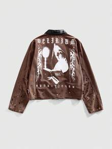 ROMWE MEN Casual Áo khoác denim thường ngày có khóa kéo họa tiết chân dung dành cho nam - màu nâu - Xem 1