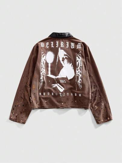 Grunge Punk Herren Porträt Grafik Reißverschluss Lässige Denim Jacke