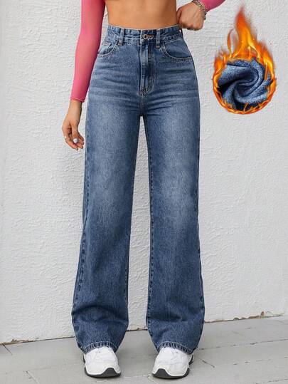 Jeanoix Women's Autumn/Winter Warm Washed Slant Pocket Wide Leg Jeans