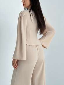 Aloruh Apricot Minimalist Office Commute Outfit Draped Neck Flare Sleeve Women's Shirt + Long Wide Leg Pant2 Piecesce Set - Apricot - View 8