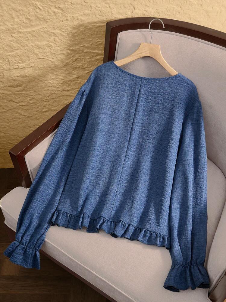 Plus Size Women Casual Long Sleeve Round Neck Frill Trim Blue Long Sleeve Blouse Shirt Top, Autumn/Winter,Going Out,2025 New,Simple And Fashionable For Everyday Wear, Plus Size Winter,Christmas For Women ,New Year,Thanksgiving For Women