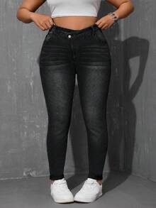 SHEIN ICON Plus Size Women Casual Pocket Skinny Jeans - Black - View 1