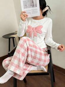 2pcs Teen Girls Soft Comfortable Pink Bow Embroidery Pajama Set, Plaid Long Sleeve Top And Pants Sleepwear - Pink - View 1