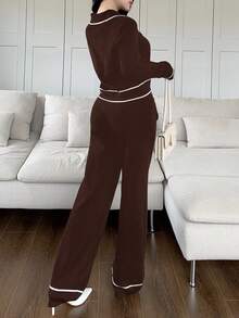 Feyla 2pcs Women Contrast Color Block Button Front Pocket Long Sleeve Top And Pants Set 2 Pieces Set In Fall/Winter - Coffee Brown - View 2
