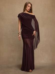 SHEIN BAE Women's Asymmetrical Shoulder Ruffle Collar Ruched Extra Long Dress, Suitable For Cocktail Party, Romantic Date, Autumn/Winter Layering Dress, Party, Formal Gathering, Halloween Dress, Christmas Dress