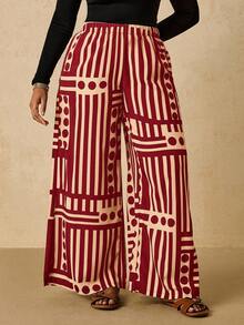 SHEIN VCAY Quần ống rộng họa tiết hình học màu đen và be cỡ lớn có túi dành cho nữ, phù hợp cho mùa hè và mùa thu - Màu Đỏ Sâu - Xem 4