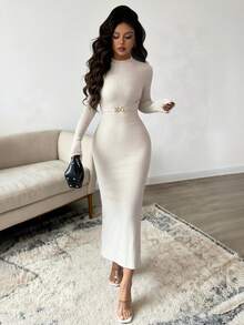 Elenzga Women's Autumn/Winter Elastic Knit Textured Dress, Turtleneck Bodycon Dress, Metal Buckle Design Dress, Elegant Ladies Dress, Casual Dress, Autumn/Winter Women's Clothing, Party Dress