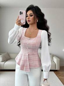 Elenzga Women's Elegant Pink Plaid Patchwork White Square Collar Asymmetrical Hem Faux Pearl Button Decor Long Sleeve Fitted Blouse, Spring/Autumn Fall Cloth For Women - Pink - View 4