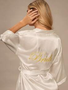 Enchnt Bata elegante de mujer con bordado de letras y manga 3/4, para invierno - Blanco - Ver 3