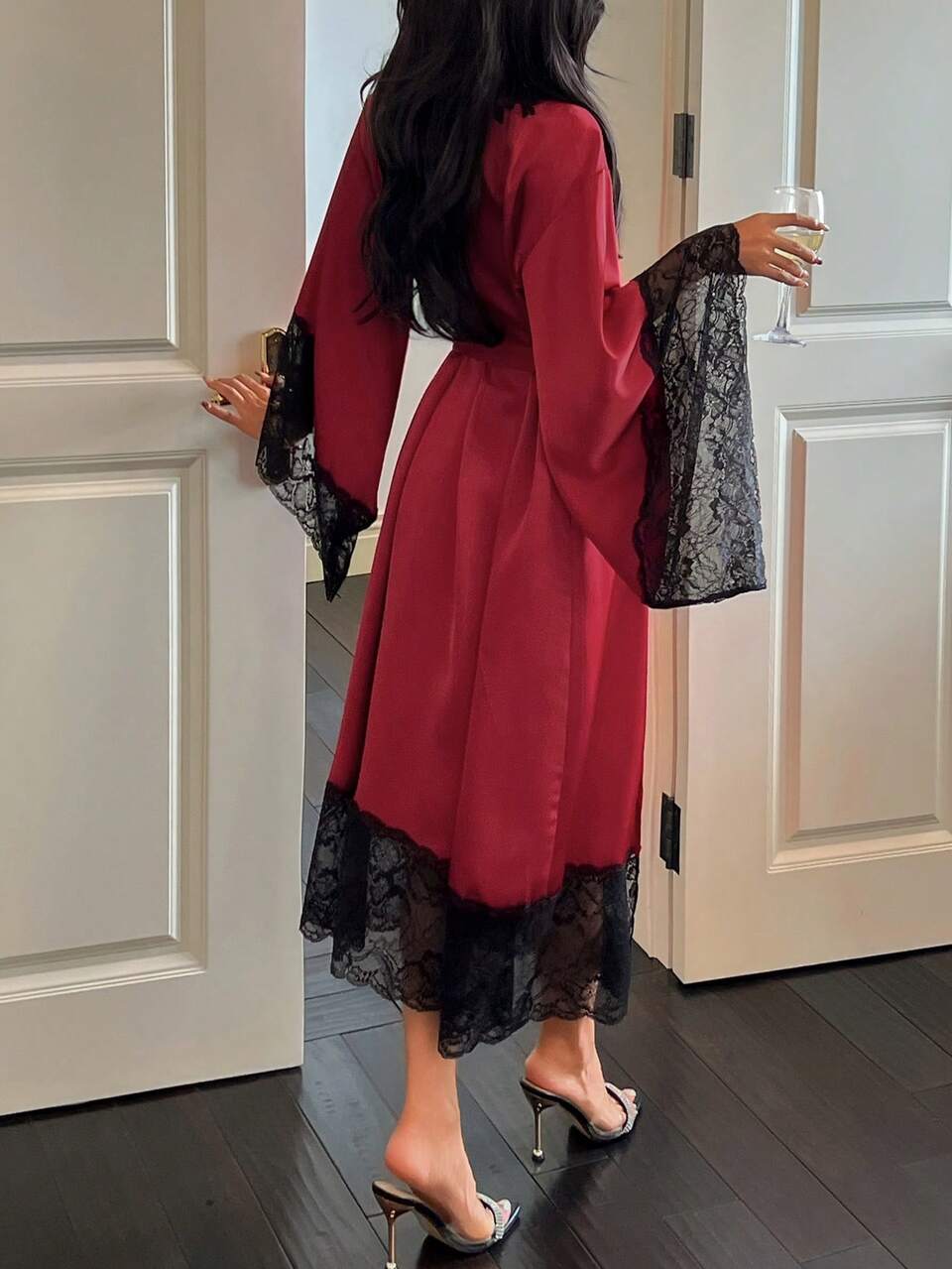 Charming Satin Contrast Color Lace Patchwork Long Women Robe, For Fall & Winter