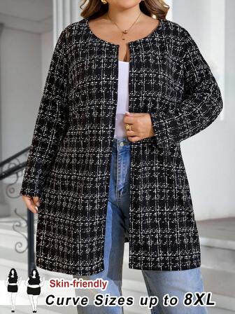 SHEIN CURVE+ Abrigo de fiesta con lentejuelas de manga larga y ajustado de estilo casual y de talla grande, para uso diario, oficina, estilo "old money", uso casual y vacaciones