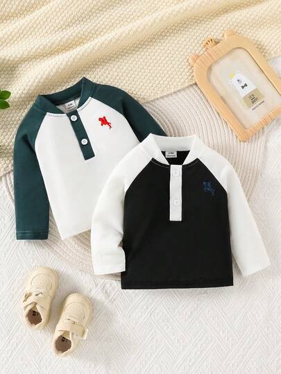 SHEIN Playful Pals 2pcs Baby Boys Casual All-Match Versatile Embroidered Contrast Color Raglan Long Sleeve T-Shirt Tops