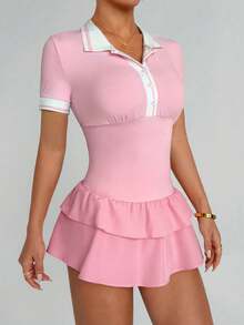 Sovereign Charm Women's Sporty Dress With Contrast Stripes, Ribbed Collar, Button Front, Short Sleeves, Ruched Bust, Double-Layer Ruffle Hem, Built-In Shorts With Pockets, Suitable For Casual Wear, Running, Yoga, Gym, Tennis, Golf, Spring/Autumn/Winter - Pink - View 4