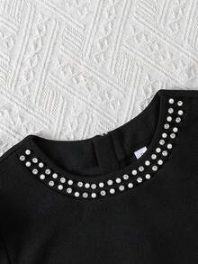 Vestido mini de mujer de cuello redondo, sencillo y elegante, dunicolordo con mangas farol, para otoño/invierno - Negro - Ver 3