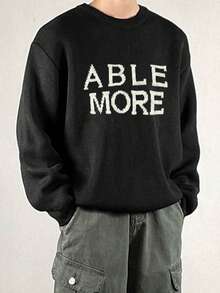 DAZY 男士字母提花针织毛衣，黑色圆领，秋冬 - 黑色 - 查看 5