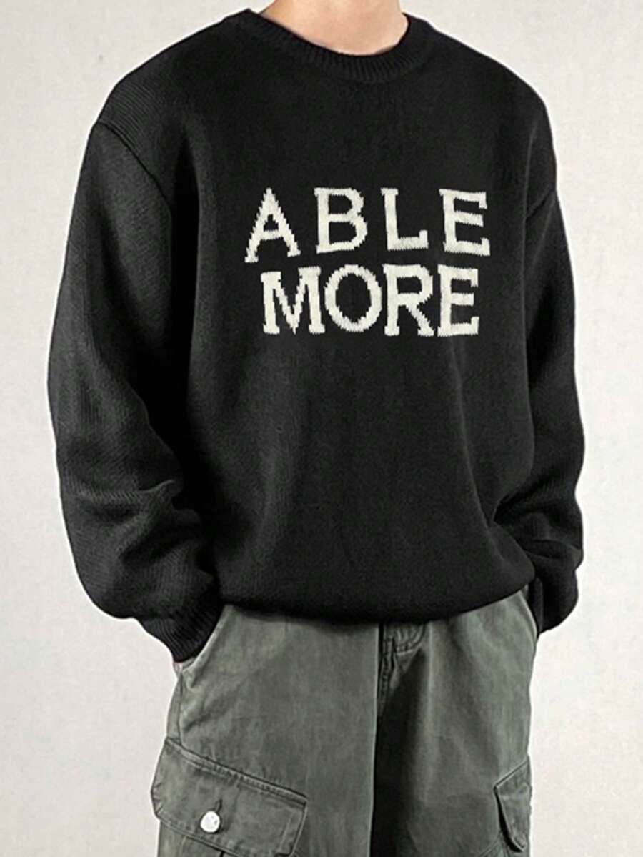 DAZY Men's Letter Jacquard Knit Sweater, Black Round Neck, Autumn/Winter - Black - View 1