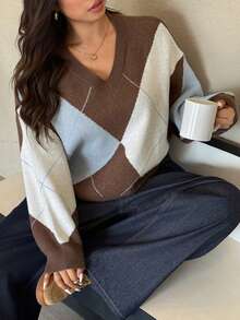 Dazy Plus Fashionable Color Block V-Neck Diamond Pattern Loose Plus Size Pullover Sweater For Women, Autumn/Winter - Chocolate Brown - View 6