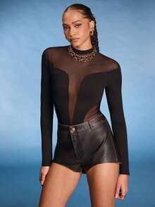 Normani Mock Neck Sheer Mesh Panel Long Sleeves Bodysuit - Black - View 5