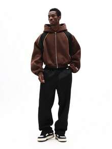SUMWON Crop Fit Men's Oversized Full Zip Hoodie With Ribbed Cuffs And Color Block Design For Casual Wear - Brown - View 5