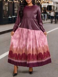 EMERY ROSE Plus Size Solid Color Ombre Patchwork Round Neck Long Sleeve Dress - Red - View 6