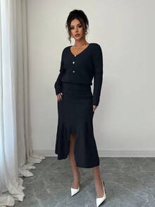 Elenzga Bộ 2 áo len dệt kim và chân váy màu trơn thanh lịch dành cho nữ - Xanh đậm - Xem 6