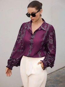 Aveloria Modichic Blusa elegante de manga larga con volantes de capa, estampado floral y contraste de color en gasa - Morado - Ver 3