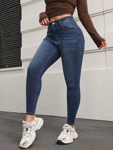 SHEIN PETITE 女式高腰口袋紧身休闲牛仔裤