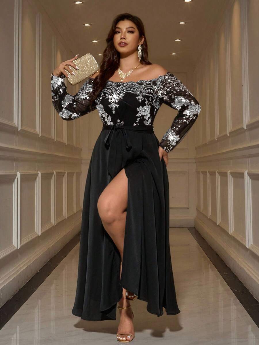 Gownix Plus Size Elegant Party Sequin Patchwork Off-Shoulder Dress/Christmas Dress - Silver - View 1