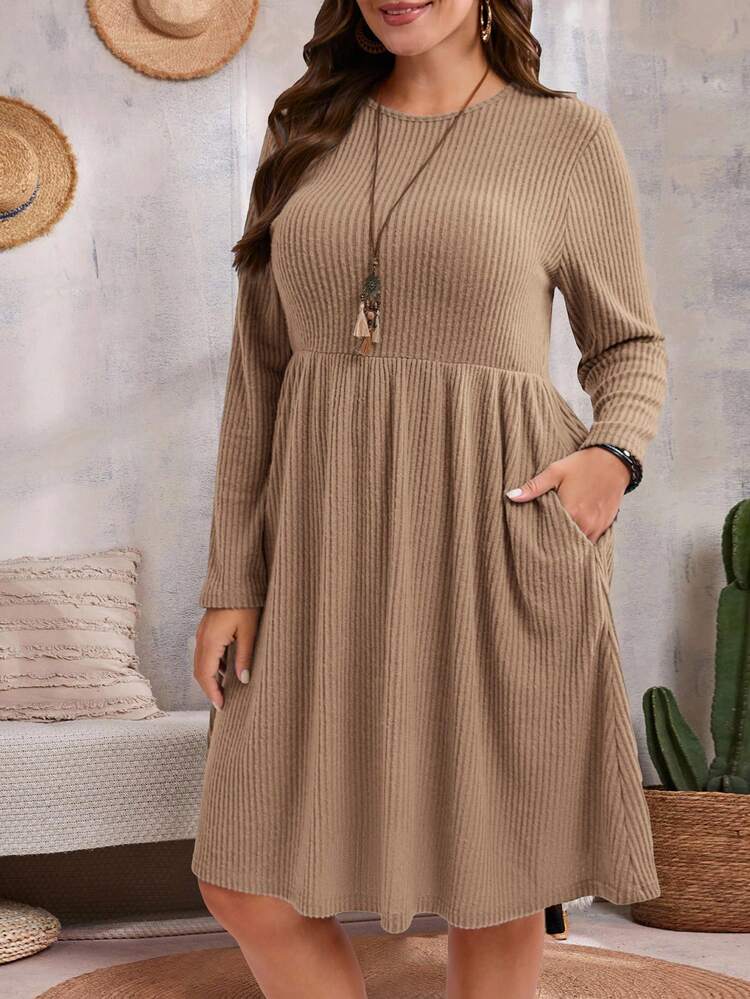 Plus Size Plain Round Neck Pocket Casual Long Sleeve Fall Dress Winter Clothes For Women Dresses For Women Elegant Christmas  Winter Dress Women  New Year Look Elegant Dresses For Party  Stylish Clothing Collection Tan Dress Women Ribbed Dress Long Sleeve Midi Dress Casual Midi Dress Earth Tone Dress