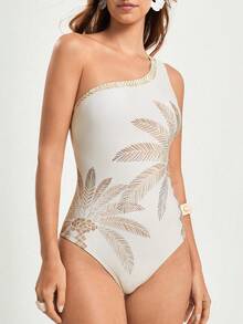 CAJUNI x Carol Peixinho Women's Summer Vacation Palm Tree Print Fashionable One-Piece Swimsuit,Elegant Women's Beach Swimsuit,Beach Outfit For Women - Apricot - View 4