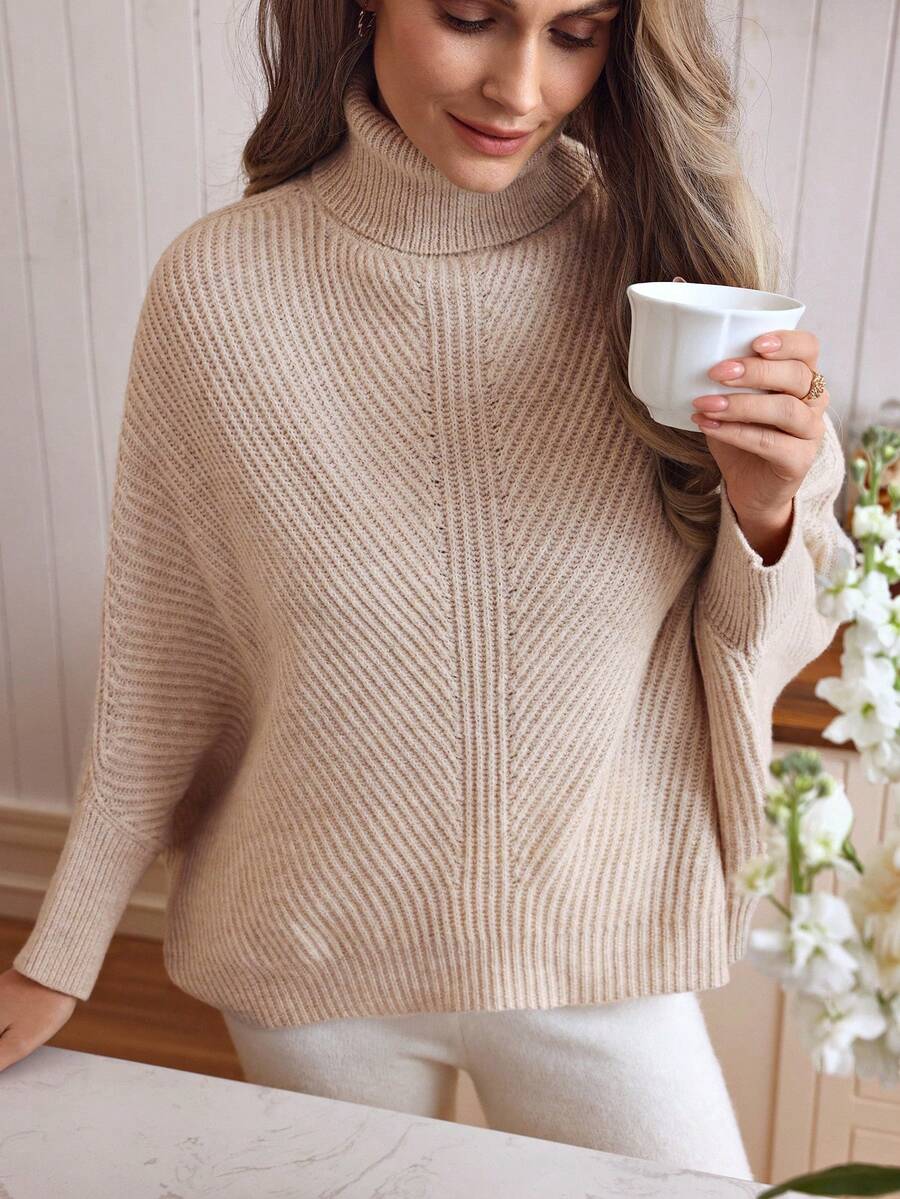 Louniche Elegant Minimalist Apricot Turndown Collar Raglan Sleeve Loose Knit Pullover Sweater For Women, Suitable For Commuting, Autumn/Winter - Apricot - View 1