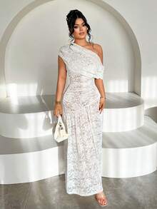 SHEIN SXY Vestido elegante y sexy de mujer con cuello asimétrico y encaje transparente