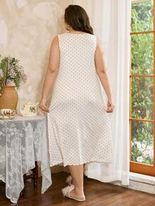 Côtesoire 加大码女式杏色甜美荷叶边蝴蝶结波尔卡圆点印花柔软牛奶丝中长款紧身连衣裙，青春修身睡袍 - 杏色 - 查看 3