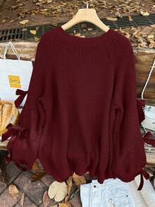 SHEIN CURVE+ Plus Size Loose Knit Sweater With Hollow Bow Knot Decor, Plus Size Cute Fall Pullover In Beige, For Winter - Burgundy - View 3