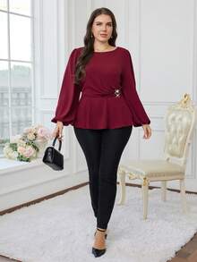 Modelyn Áo cánh tay đèn lồng màu trơn thanh lịch cỡ lớn, eo thắt eo, mùa thu - Màu Đỏ Sâu - Xem 4