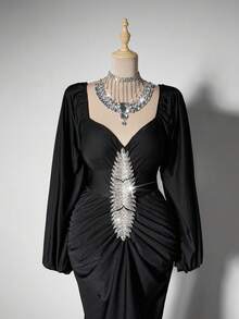 Viva Relle Plus Size Women Puff Sleeve Long Dress - Black - View 8