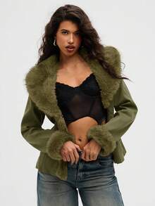 Aloruh 女士仿毛领长袖常规款外套，秋冬季 - 軍綠色 - 查看 5