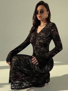 Aloruh Đầm ren tay dài thiết kế cổ buộc gợi cảm cho nữ - màu đen - Xem 3