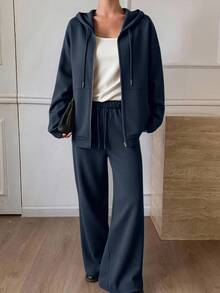 DAZY 2pcs Women Autumn/Winter Thermal Lined Zip-Up Hoodie And Drawstring Pants Set Lounge Sets For Women - Navy Blue - View 4