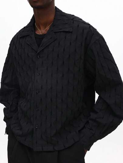 SUMWON Quilted Button Down Jacket With Diamond Pattern Long Sleeve Outerwear For Fall Winter,Men's Black Textured Casual Shirt | Fashion-Forward Design | Comfortable And Breathable Fabric, Suitable For Various Occasions | Perfect As An Outer Layer Or Worn Alone, Showcasing Personal Style | Easily Paired With Jeans Or Casual Pants.