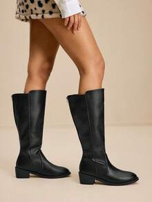 Daringsoles New Women's Pointed Toe Leather Chunky Heel Fashion Boots, Knee-High Riding Boots, Comfortable & Versatile, Suitable For Music Festivals, Halloween, Christmas, Daily Wear - Black - View 5