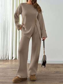 EURMUSE 2pcs/Set Women's Fashionable Design Loose Slit Knit Sweater And High Waist Wide Leg Pants Set, Autumn/Winter - Beige - View 7