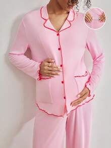 BloomMama Maternity Contrast Lettuce Trim Long Sleeve Top And Adjustable Waist Pants Loungewear Set, Spring/Autumn, Winter - Pink - View 1