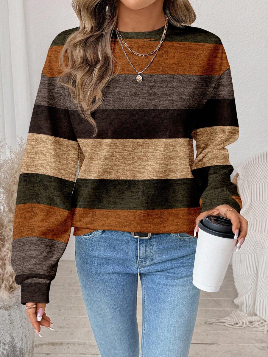 SHEIN LUNE Áo nỉ cổ tròn in họa tiết sọc tương phản tối giản thoải mái dành cho nữ - Nhiều màu - Xem 1