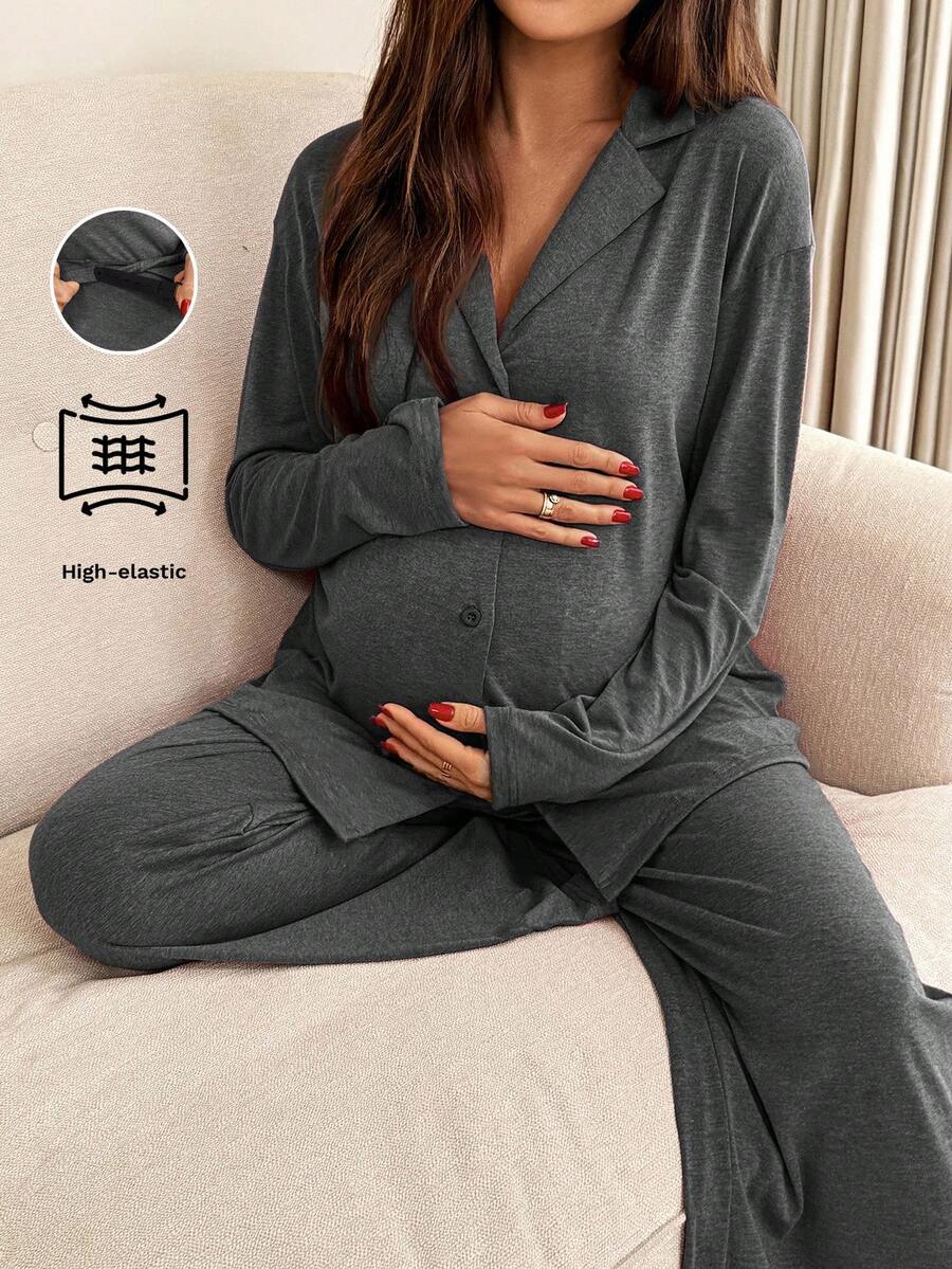 Slowluna Setelan Kasual Hamil 2 Potong Warna Polos Kerah Lengan Panjang Kancing Tunggal Atasan dan Celana Panjang untuk Musim Gugur - Dark Grey - View 1