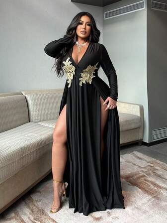 NU&NOW Vestido sexy con abertura bordada para mujer de talla grande