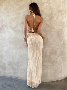 Aloruh 女士纯色褶皱修身露背性感连衣裙 - 杏色 - 查看 2