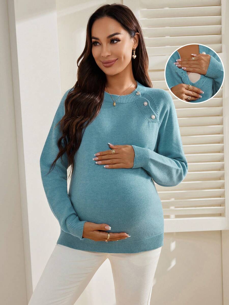 SHEIN 孕妇纯色纽扣设计圆领插肩长袖毛衣,秋冬 - 藍色 - 查看 1
